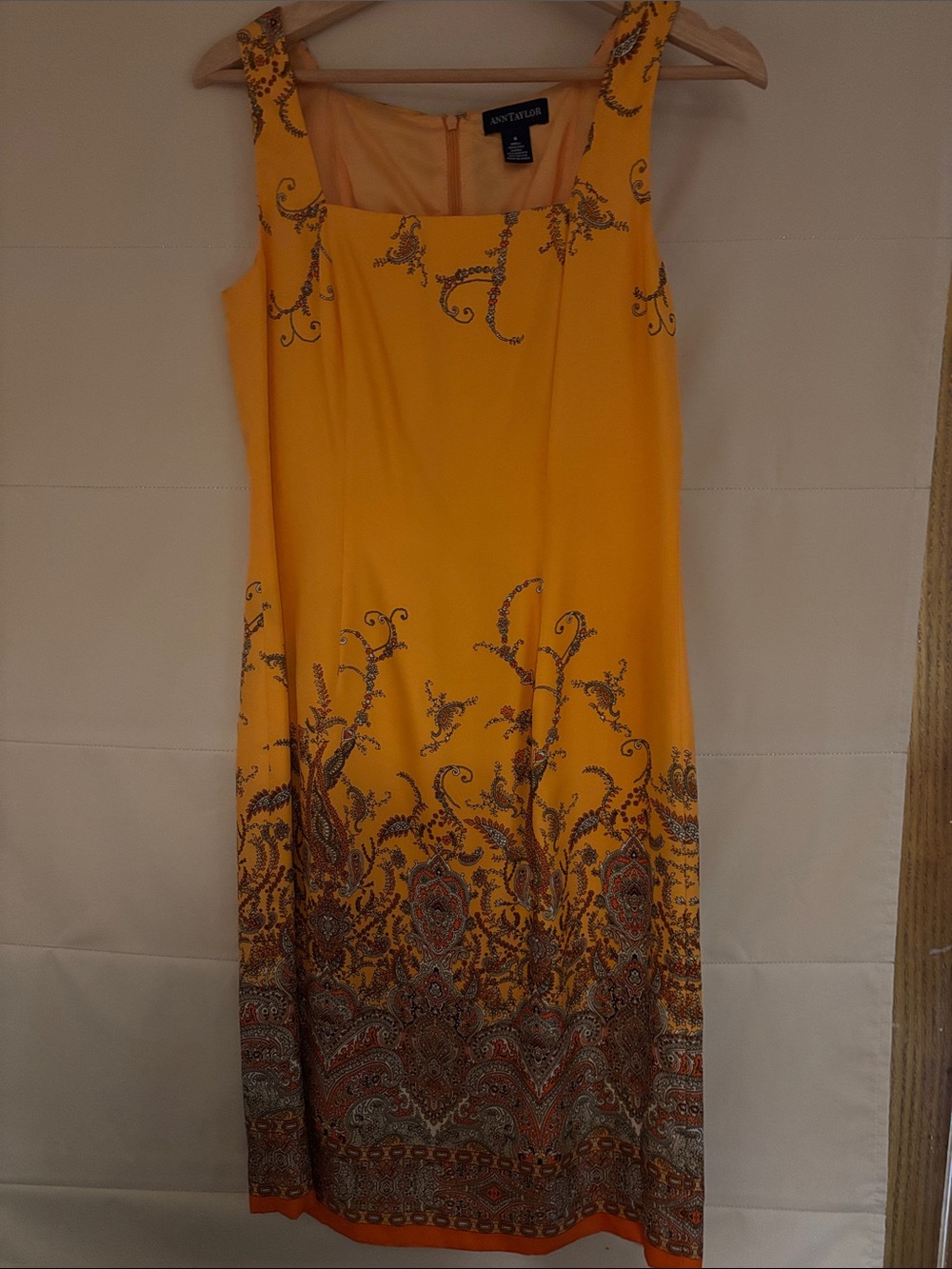 Ann Taylor Orange Midi Dress with Paisley Border Print